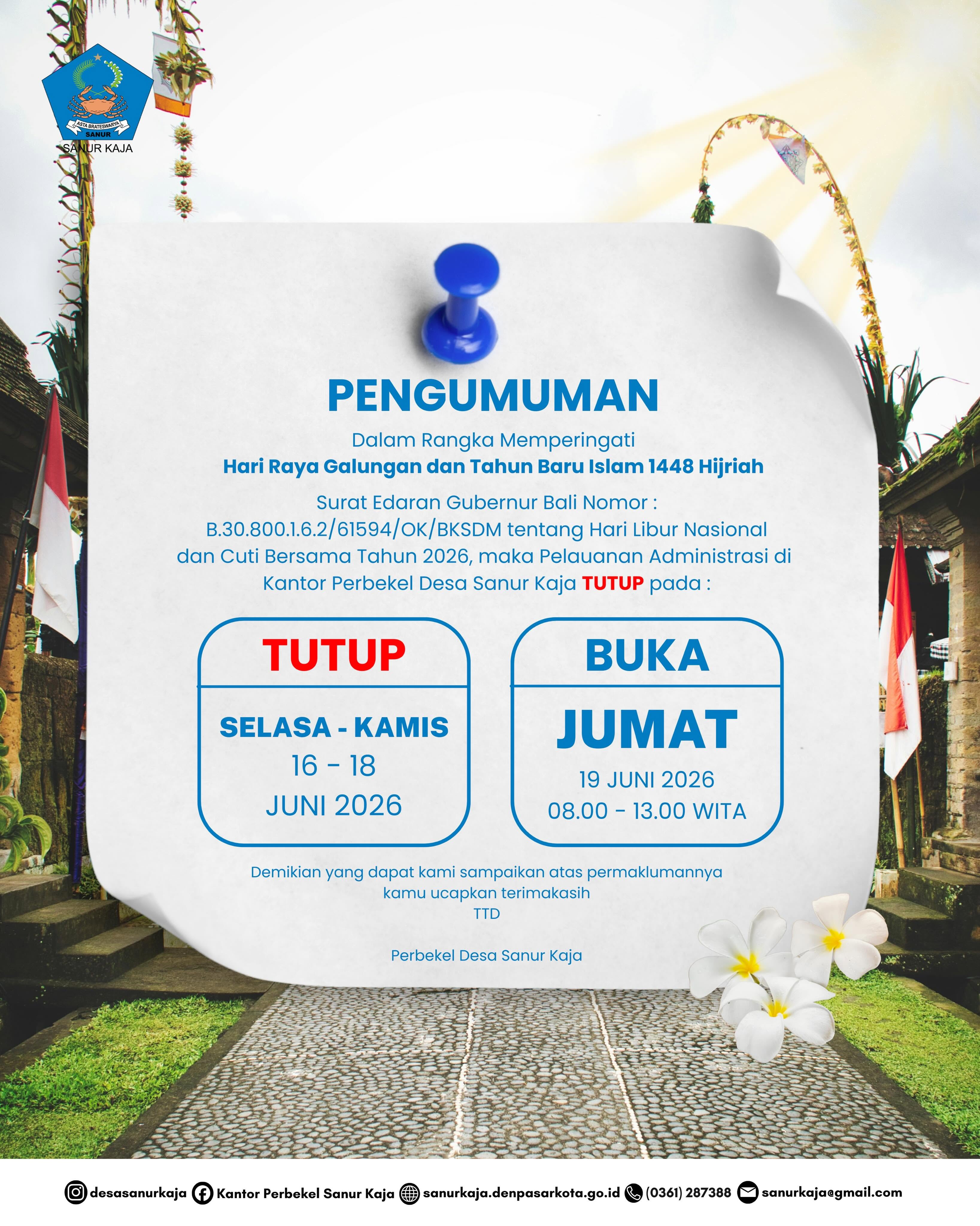 Hari Libur Nasional dan Cuti Bersama Memperingati Hari Raya Galungan dan Tahun Baru Islam 1448 Hijriah